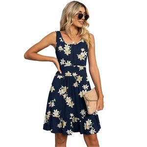 Summer Casual U Neck Sundresses Pleated Knee Length Sleeveless Tank Dress